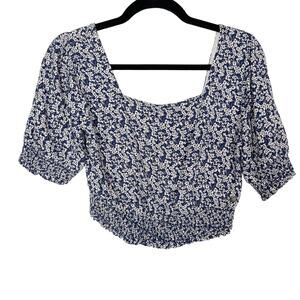 Roxy Womens M Blue White Cropped Million Waves Again Top Short Sleeve Smocked